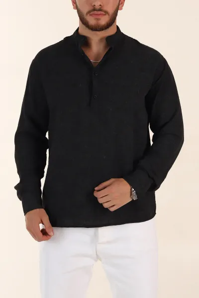 Siyah Relaxed Fit Yarım Düğmeli Hakim Yaka Uzun Kollu Erkek Gömlek 369360
