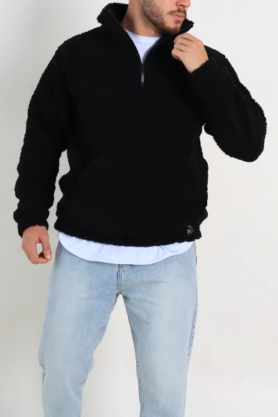 Siyah Relaxed Fit Yarım Fermuarlı Cep Detaylı Peluş Kanguru Sweatshirt 308905