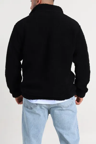 Siyah Relaxed Fit Yarım Fermuarlı Cep Detaylı Peluş Kanguru Sweatshirt 308905