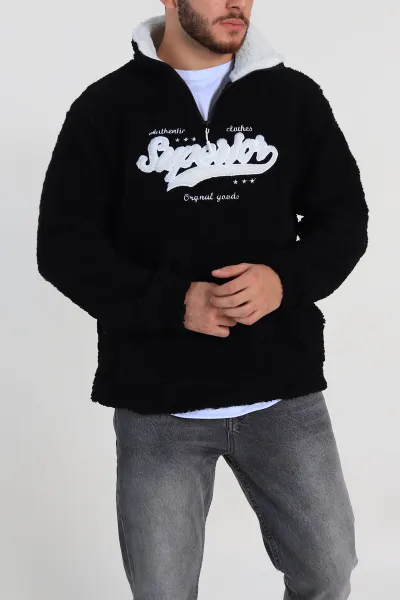 Siyah Relaxed Fit Yazı Detaylı Yarım Fermuarlı Peluş Kanguru Sweatshirt 314245