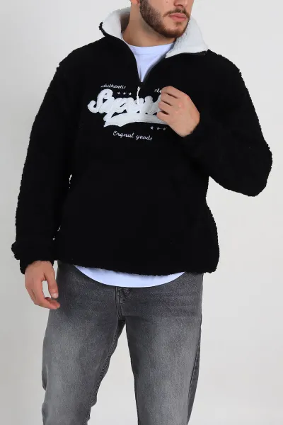 Siyah Relaxed Fit Yazı Detaylı Yarım Fermuarlı Peluş Kanguru Sweatshirt 314245