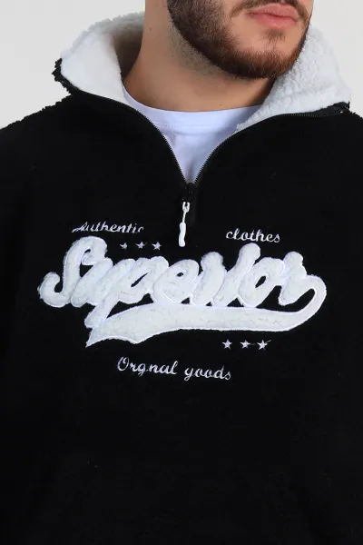 Siyah Relaxed Fit Yazı Detaylı Yarım Fermuarlı Peluş Kanguru Sweatshirt 314245