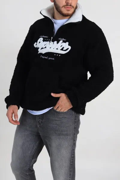siyah-relaxed-fit-yazi-detayli-yarim-fermuarli-pelus-kanguru-sweatshirt-314245