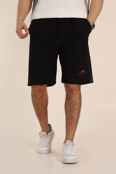 Siyah Relaxed Fit Yıkamalı Yazı Detay Erkek Şort 354089