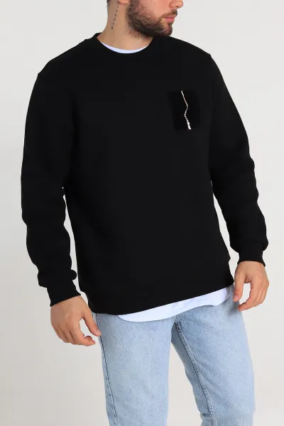 Siyah Relaxed Üç İp Şardonlu Baskı Detaylı Erkek Sweatshirt 311189