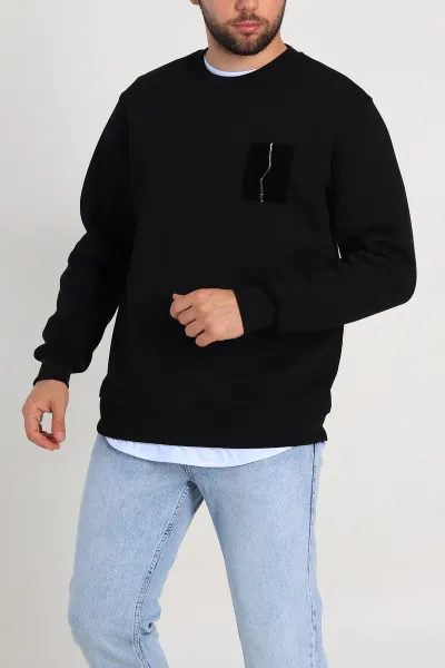 Siyah Relaxed Üç İp Şardonlu Baskı Detaylı Erkek Sweatshirt 311189