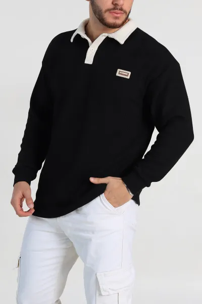siyah-releaxed-fit-petek-dokulu-polo-yaka-erkek-sweatshirt-315813