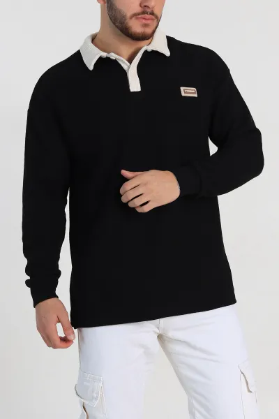 Siyah Releaxed Fit Petek Dokulu Polo Yaka Erkek Sweatshirt 315813
