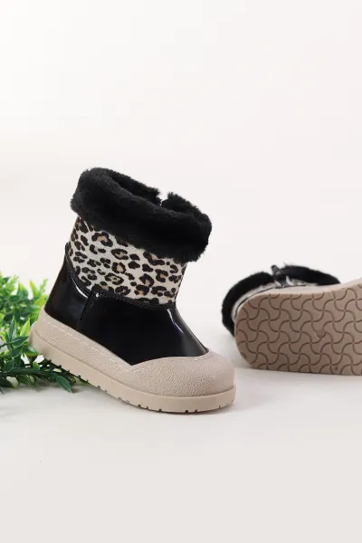Siyah Rugan ( 22 - 26 ) Leopar Desenli İçi Kürklü Fermuarlı Kız Bebek Bot 404557