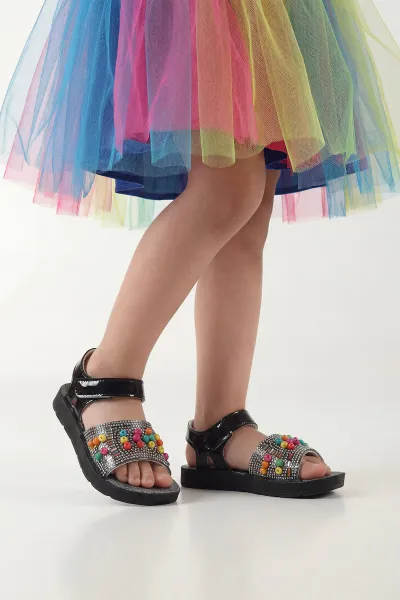 Siyah Rugan( 31 - 35 ) Taşlı Boncuk Detaylı Kız Çocuk Sandalet 445063