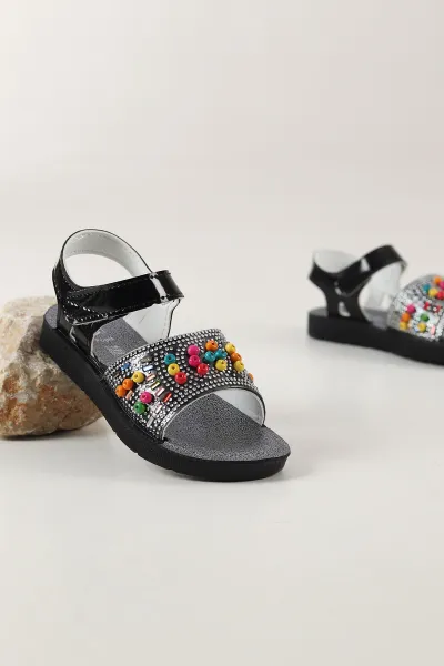 Siyah Rugan( 31 - 35 ) Taşlı Boncuk Detaylı Kız Çocuk Sandalet 445063