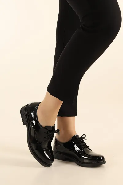 Siyah Rugan Bağcıklı Kadın Loafer Ayakkabı 307595