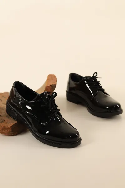 Siyah Rugan Bağcıklı Kadın Loafer Ayakkabı 307595