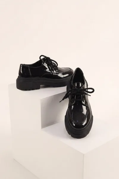 Siyah Rugan Bağcıklı Kadın Loafer Ayakkabı 433387