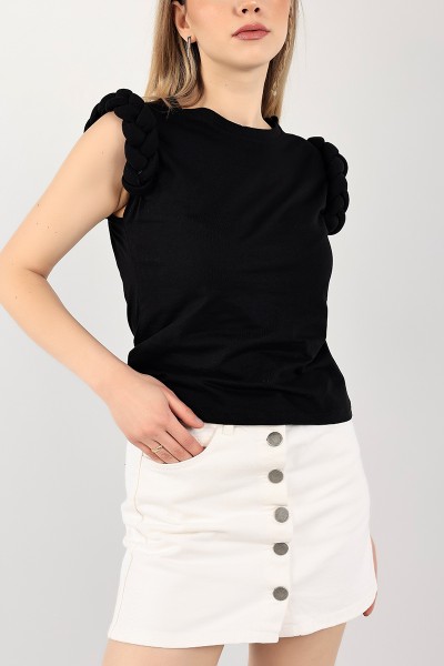 Siyah Saç Örgü Tasarım Crop Tişört 103088