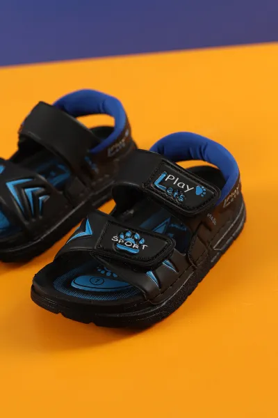 Siyah Saks Mavisi (26-30 Patik) Ortapedik Taban Bilek Süngerli Cırtlı Erkek Çocuk Sandalet 267771