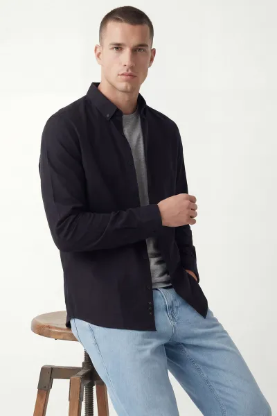 Siyah Şambre Kumaş Relaxed Fit Erkek Gömlek 435907