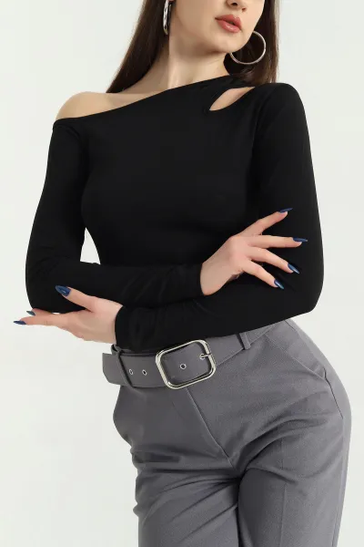 Siyah Sandy Kumaş Damla Detay Bluz 337990