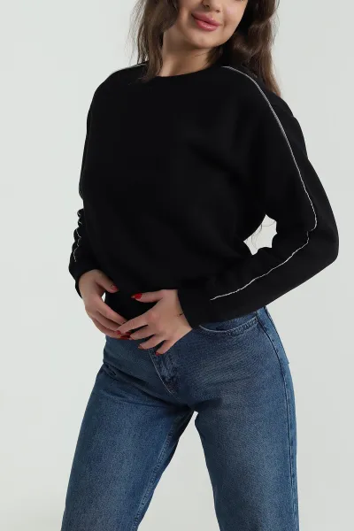 Siyah Şardonlu Ara Biyeli Kadın Fermuarsız Sweat 493400
