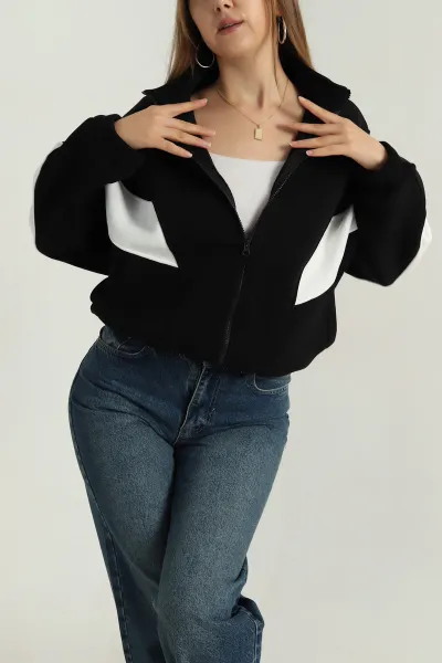 Siyah Şardonlu Garnili Kadın Fermuarlı Sweat 405990