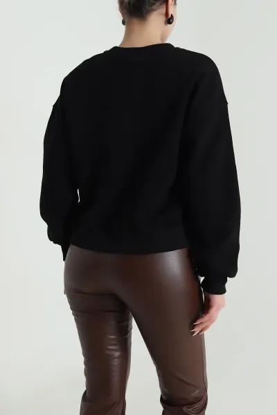 Siyah Şardonlu Kadın Fermuarsız Sweat 492510