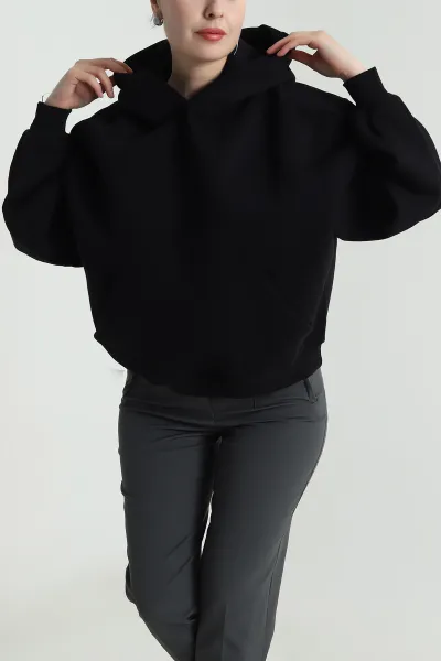Siyah Şardonlu Kapşonlu Oversize Üç İp Kadın Sweat 493826