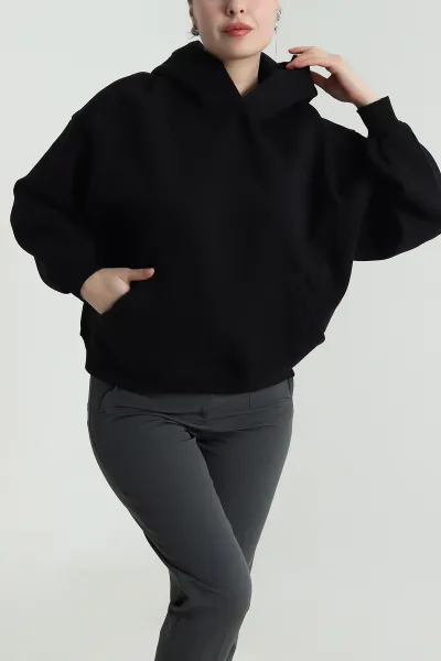 Siyah Şardonlu Kapşonlu Oversize Üç İp Kadın Sweat 493826