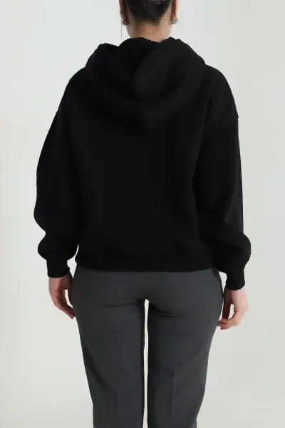 Siyah Şardonlu Kapşonlu Oversize Üç İp Kadın Sweat 493826