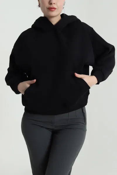Siyah Şardonlu Kapşonlu Oversize Üç İp Kadın Sweat 493826