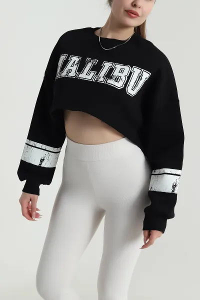 Siyah Şardonlu Lazer Kesim Crop Sweat 489147