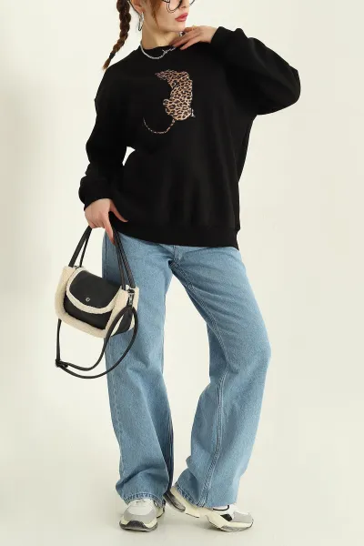 Siyah Şardonlu Leopar Desenli Üç İp Bayan Sweat 331739