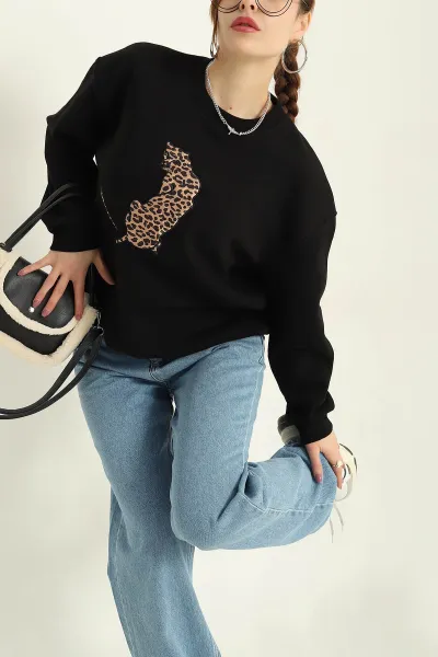 Siyah Şardonlu Leopar Desenli Üç İp Bayan Sweat 331739