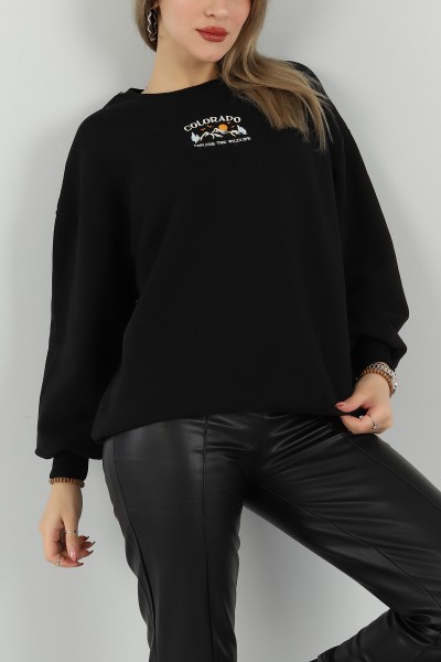 Siyah Şardonlu Nakışlı Bayan Sweat 144411