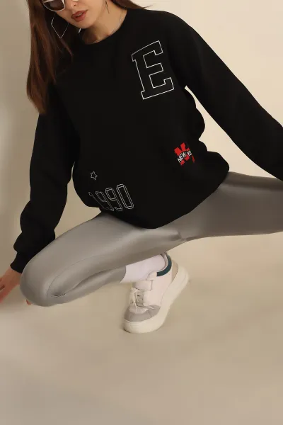 Siyah Şardonlu Nakışlı Bayan Sweat 237617