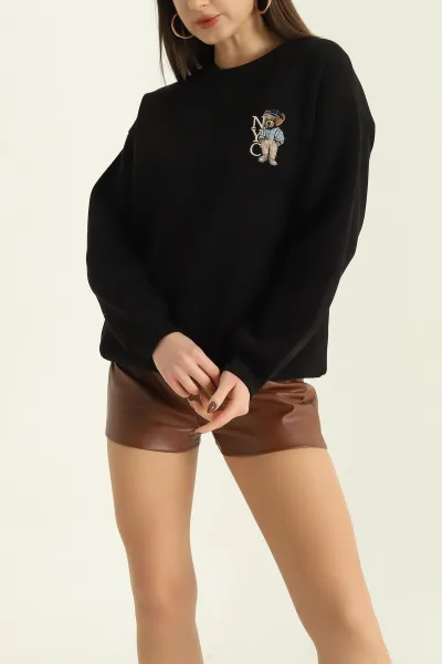 Siyah Şardonlu Nakışlı Üç İp Bayan Sweat 330412