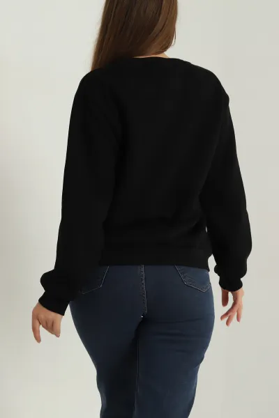 Siyah Şardonlu Nakışlı Üç İp Kadın Sweat 391619