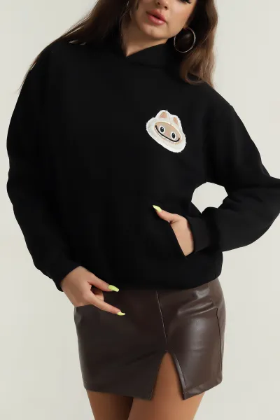 Siyah Şardonlu Nakışlı Üç İp Kadın Sweat 394808
