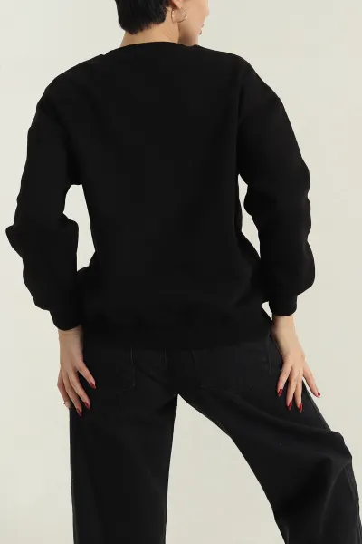 Siyah Şardonlu Nakışlı Üç İp Kadın Sweat 418358
