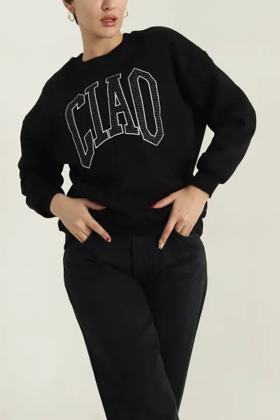 Siyah Şardonlu Nakışlı Üç İp Kadın Sweat 418358