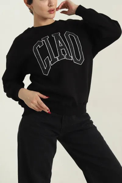 Siyah Şardonlu Nakışlı Üç İp Kadın Sweat 418358