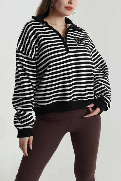 Siyah Şardonlu Polo Yaka Kadın Sweat 489513
