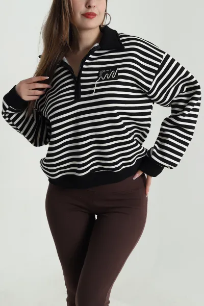 Siyah Şardonlu Polo Yaka Kadın Sweat 489513