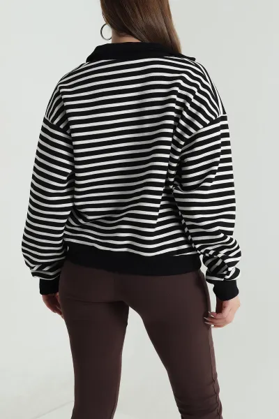 Siyah Şardonlu Polo Yaka Kadın Sweat 489513