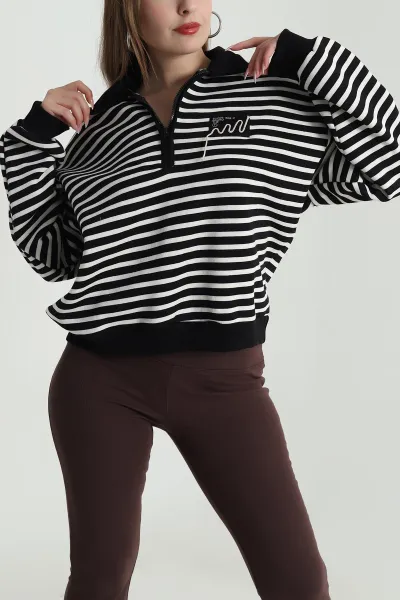 Siyah Şardonlu Polo Yaka Kadın Sweat 489513