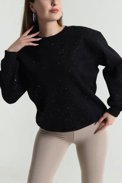 Siyah Şardonlu Simli Kadın Sweat 489379