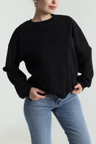 Siyah Şardonlu Simli Üç İp Kadın Sweat 493594