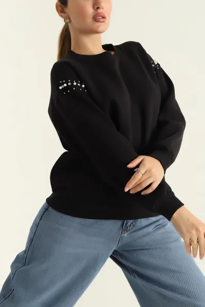 Siyah Şardonlu Taşlı İki İp Bayan Sweat 304485