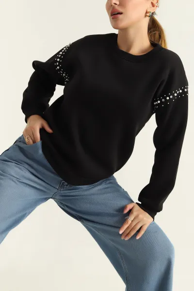 Siyah Şardonlu Taşlı İki İp Bayan Sweat 304485
