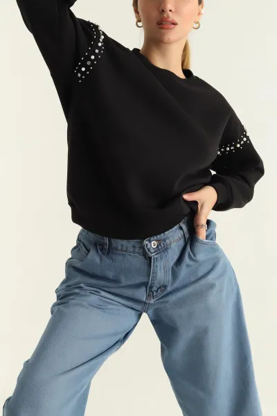 Siyah Şardonlu Taşlı İki İp Bayan Sweat 304485