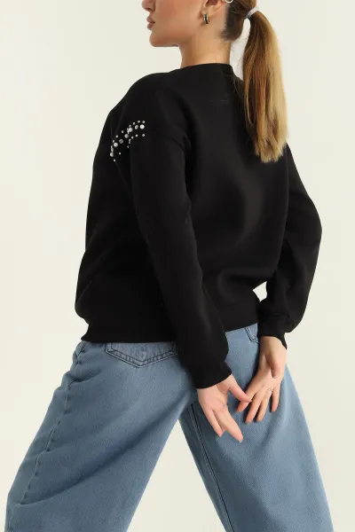 Siyah Şardonlu Taşlı İki İp Bayan Sweat 304485